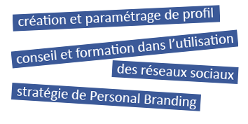 Présence Web & SMO : création et paramétrage de profil ; conseil et formation dans l'utilisation des réseaux sociaux ; stratégie de Personal Branding